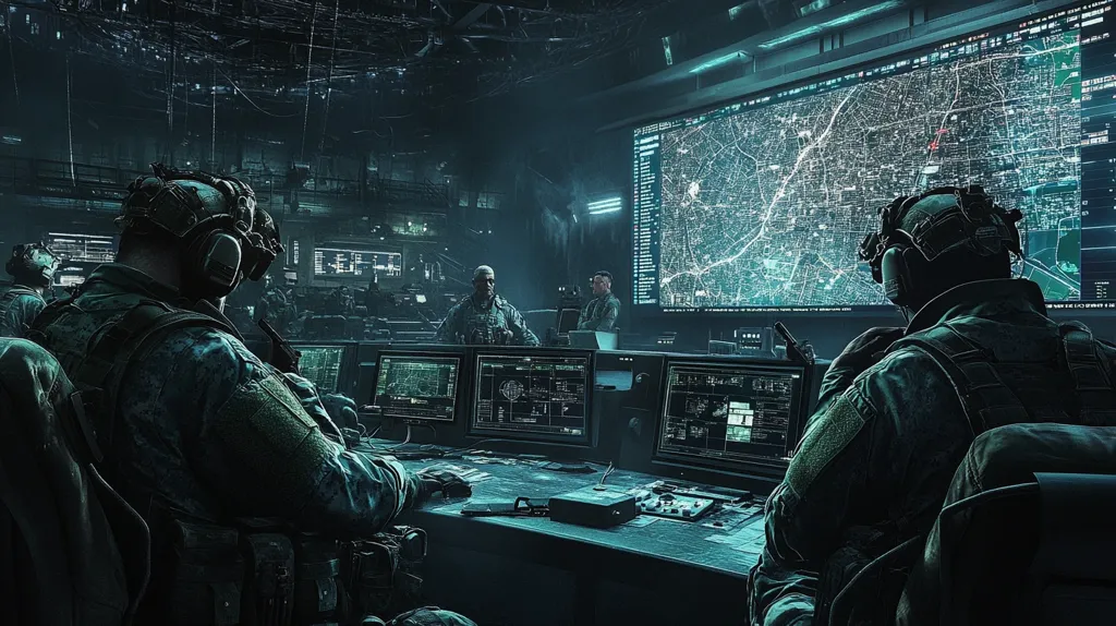 The image depicts a dimly lit, high-tech command center.  Two soldiers in tactical gear sit at a large console, monitoring multiple screens displaying intricate maps and data streams.  Behind them, other personnel observe a massive screen showing a detailed city map, possibly tactical information.  The overall atmosphere is tense and suggests a critical military operation is underway. The scene's color palette is predominantly dark teal and green, accentuating the technology and the seriousness of the situation.