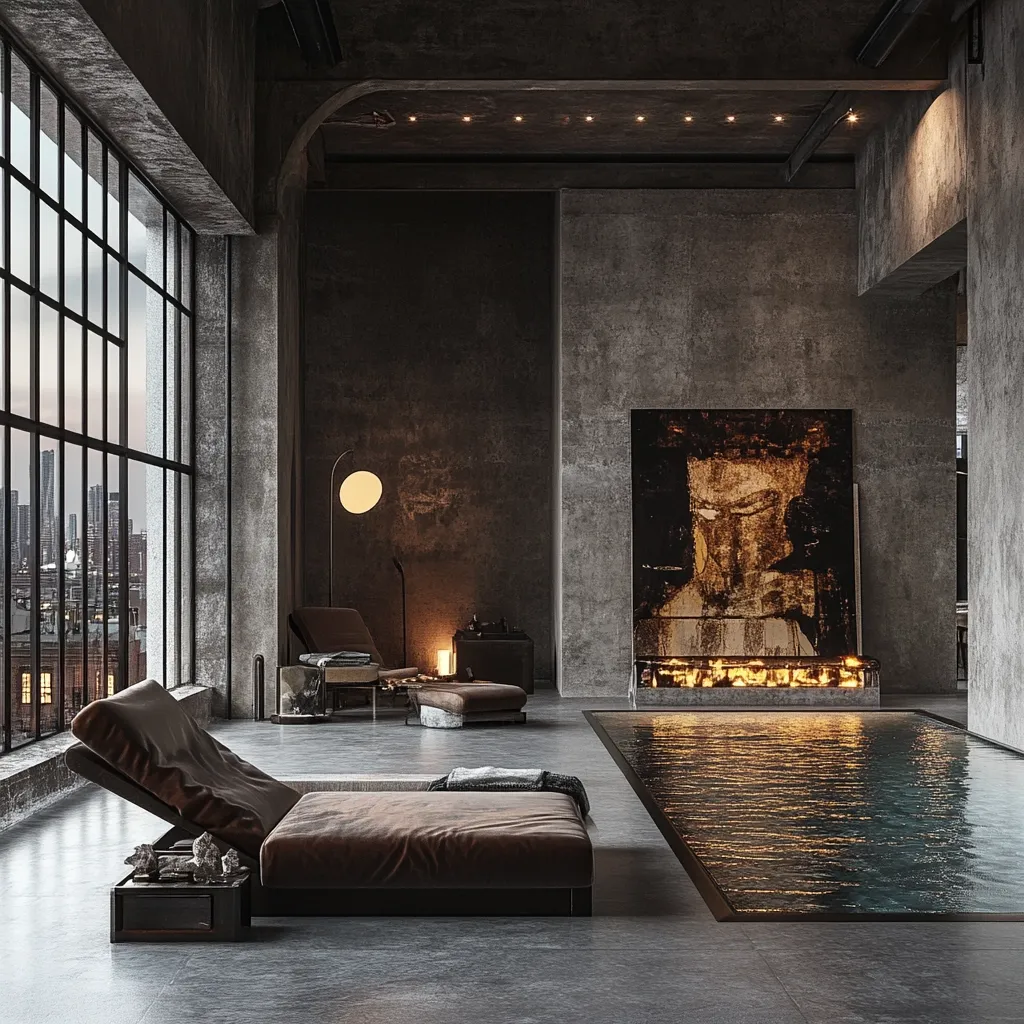 A luxurious, industrial-chic loft apartment features a built-in indoor pool reflecting a large abstract painting above a fireplace.  Dark, muted tones dominate the space, accented by warm lighting.  A large, comfortable chaise lounge sits near a floor-to-ceiling window offering a cityscape view.  The overall aesthetic is sophisticated and moody, blending raw concrete textures with opulent furnishings.  A sense of calm and quiet luxury pervades the scene.