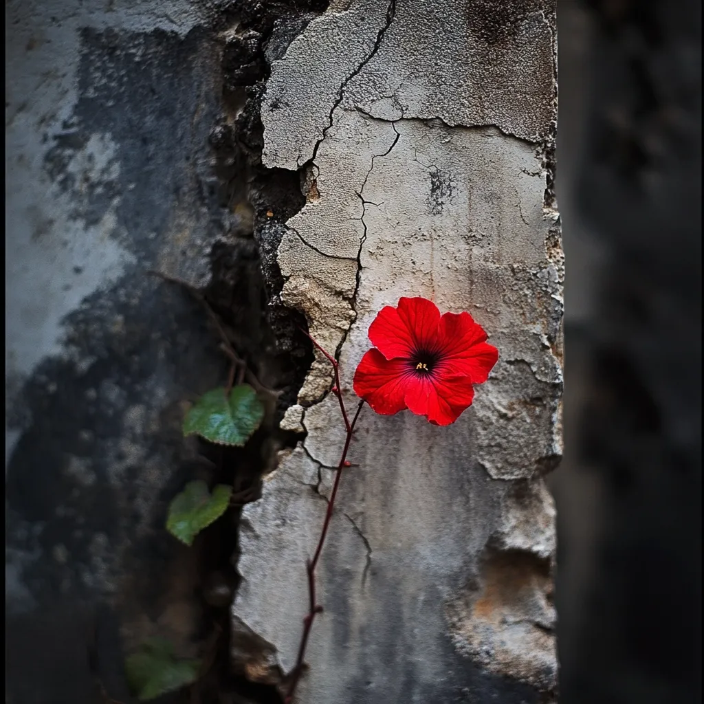 A vibrant red flower blossoms from a crack in a weathered, gray stone wall.  Its delicate stem, adorned with small green leaves, snakes its way through the fractured surface.  The stark contrast between the flower's bright color and the wall's decaying texture creates a striking image, suggesting themes of resilience, beauty amidst decay, and the persistent power of nature. The background is dark and blurry, focusing attention on the flower's tenacious growth.