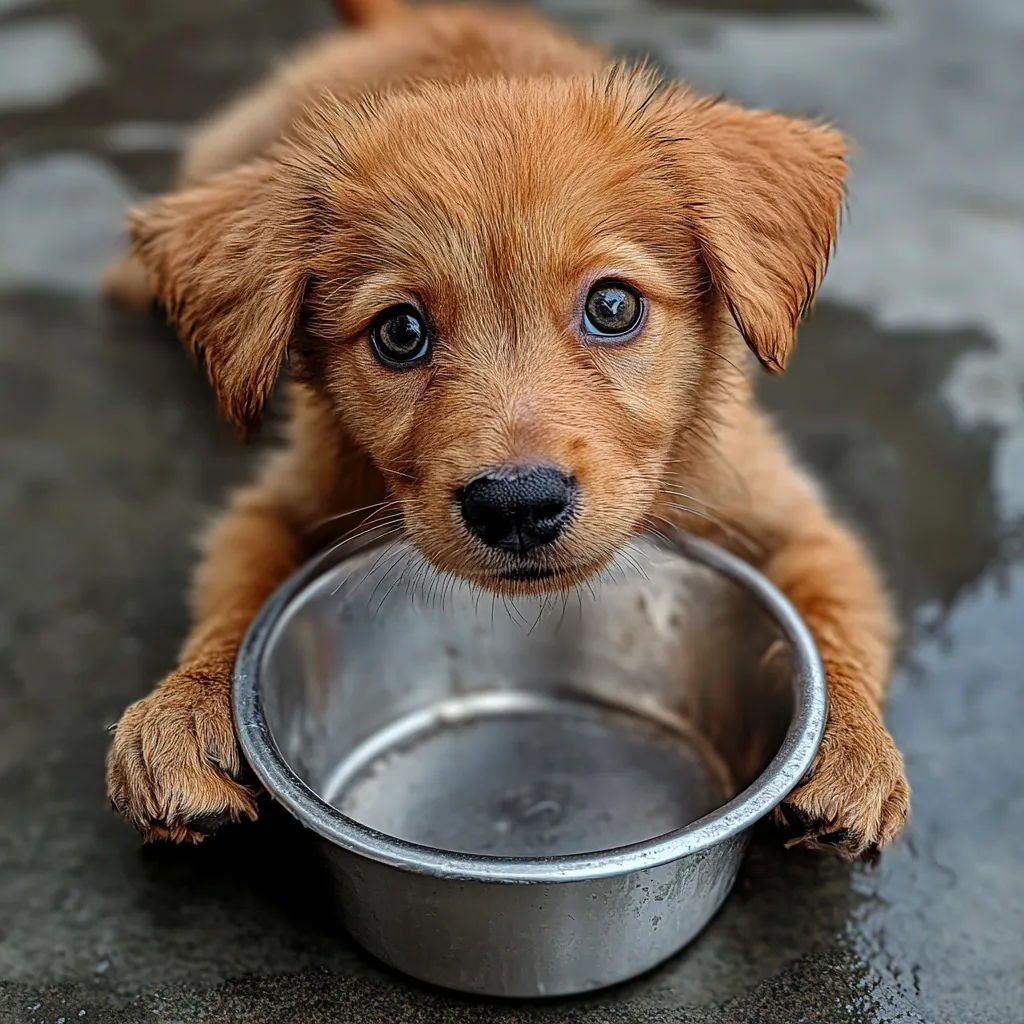 Here is a description of the image:

A close-up shot depicts an adorable, light brown puppy with large, expressive eyes. Its fur is slightly wet, and it's positioned with its front paws gently resting on the edges of a small, metallic food bowl. The puppy's gaze is directed toward the camera, conveying a sense of innocence and perhaps hunger. The background is blurred, focusing attention on the puppy and its bowl. The overall mood is one of sweetness and vulnerability.