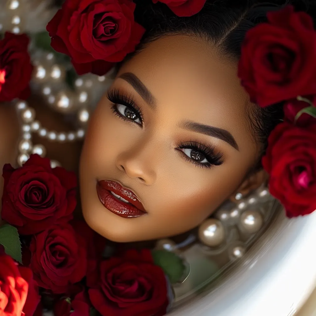 Here's a description of the image:

Close-up view of a young woman with dark skin and meticulously applied makeup. Her eyes are accentuated with dark eyeliner and long lashes, and she wears a deep burgundy lipstick.  She's surrounded by a profusion of deep red roses and a pearl necklace, partially submerged in what appears to be a white bowl or basin. The overall effect is luxurious and romantic, with a focus on the woman's beauty and the rich colors of the roses.  The lighting is soft and highlights her features.