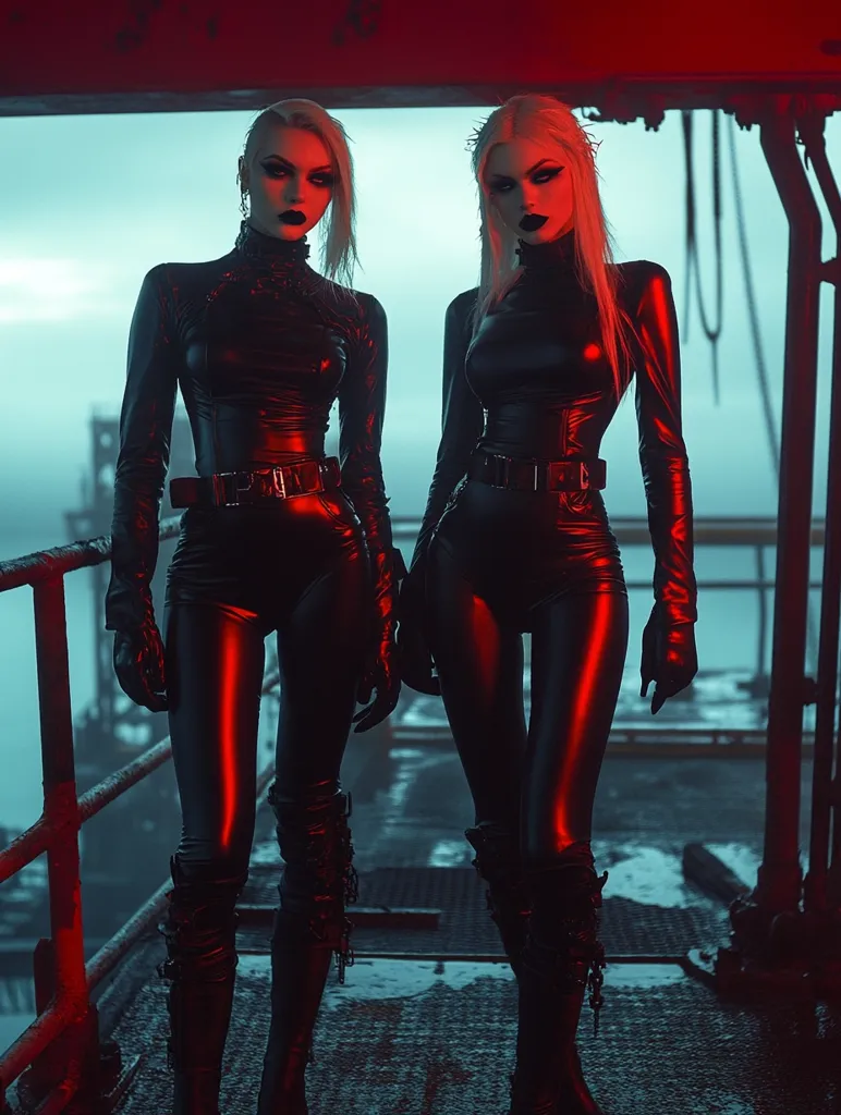 Two women in identical black leather bodysuits stand on a metallic platform.  Their pale skin and dark makeup create a striking contrast against the dark clothing.  They wear high, black boots and have short, styled blonde hair.  The setting appears industrial, with a red-toned light illuminating the scene and a hazy background suggesting an outdoor location. The overall aesthetic is dark, futuristic, and edgy.