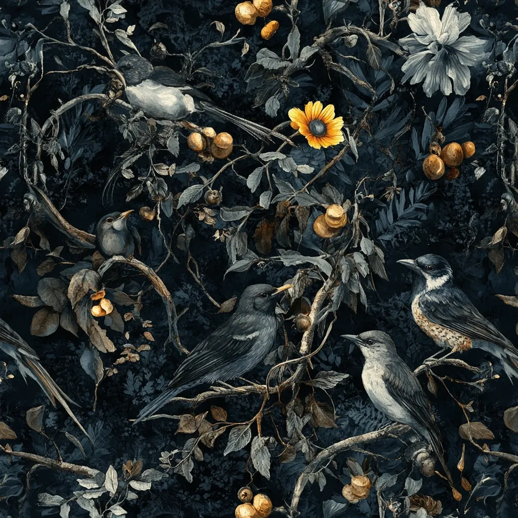 A dark, moody watercolor print features several birds perched on gnarled branches of a leafy tree.  The birds are rendered in shades of dark gray and blue, contrasting with the muted gold and green tones of the foliage and small, clustered fruits.  A single bright yellow flower adds a pop of color to the otherwise somber palette. The overall style is reminiscent of botanical illustration with a slightly gothic aesthetic. The image is seamlessly repeating, suggesting a textile or wallpaper design.