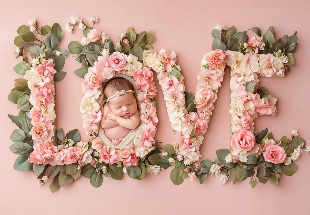 Here's a description of the image:

A newborn baby, wearing a delicate headband, sleeps soundly nestled within a floral arrangement spelling out the word "LOVE."  The letters are crafted from an abundance of pale pink and cream roses, hydrangeas, and greenery, creating a soft, romantic atmosphere. The baby is swaddled in a light-colored fabric, further emphasizing the gentle and loving scene. The entire composition is set against a pale pink backdrop, enhancing the overall pastel palette. The image conveys a sense of tenderness and unconditional love.