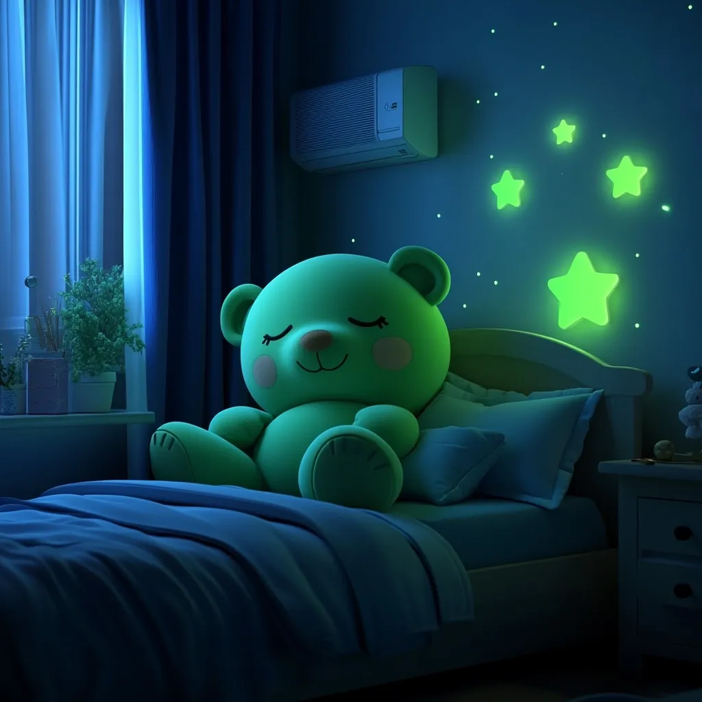 A serene nighttime scene in a child's bedroom. A large, lime-green teddy bear rests peacefully on a bed, its eyes closed.  Glow-in-the-dark stars adorn the wall, casting a soft light on the room.  A small air conditioner is mounted on the wall, and a plant sits on a nearby windowsill. The overall atmosphere is calm and inviting, perfect for a child's sleep.