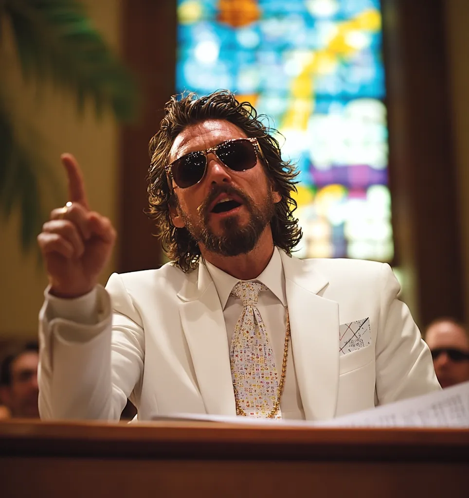 Here's a description of the image:

Close-up view of a man, possibly a preacher or leader, in a white suit, addressing an unseen audience. He's wearing sunglasses, a patterned tie, and a gold chain. His dark, wavy hair frames his face, and he has a beard.  His expression is animated, with his mouth open as if speaking passionately. His right hand is raised, gesturing emphatically. The background is blurred but shows a stained-glass window, suggesting a church or religious setting. A glimpse of other people is visible in the bottom left and right corners. The overall tone is dramatic and intense.