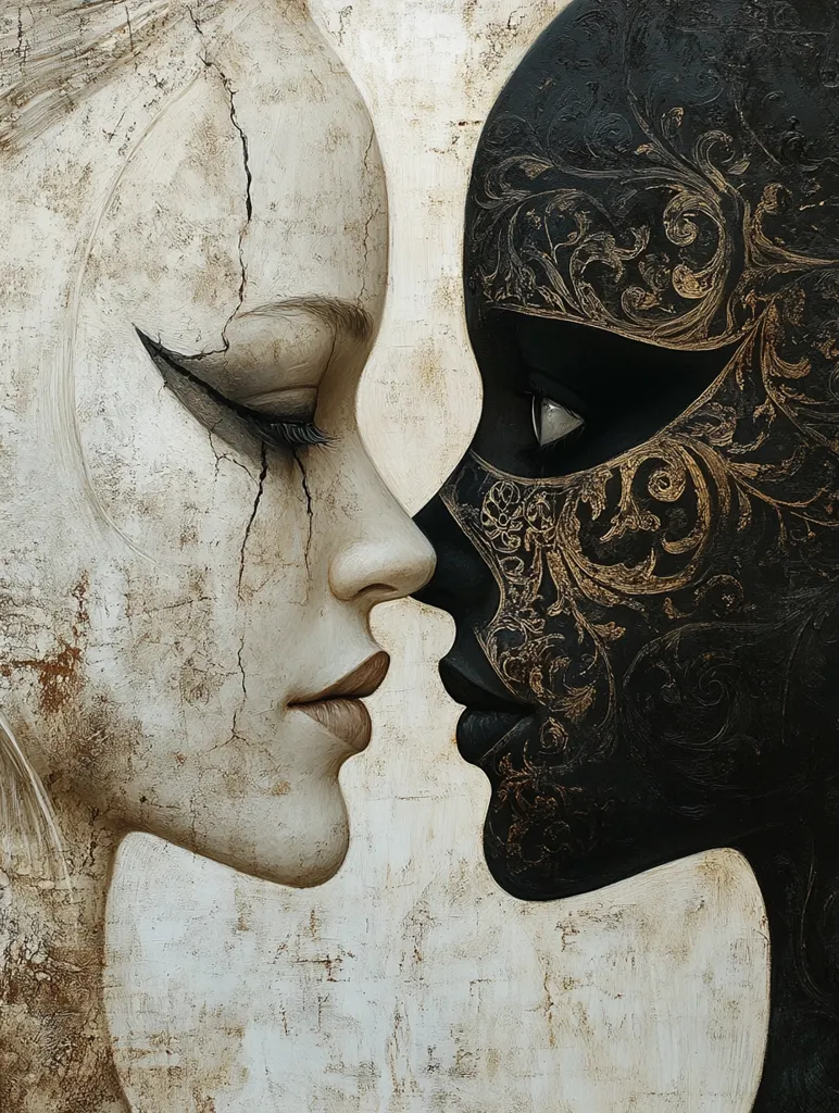 The artwork depicts two stylized female faces, in profile, almost touching.  One face is pale, cracked, and seemingly vulnerable, while the other is dark, adorned with intricate gold filigree resembling a mask.  The contrasting textures, colors (light and dark), and the delicate detail in the mask create a powerful visual juxtaposition. The background is a textured, neutral tone.  The piece evokes themes of duality, contrast, and perhaps hidden identity.