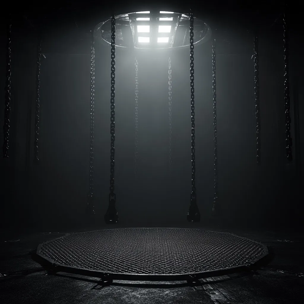 A dark, circular chamber is illuminated from above by a gridded light fixture.  Heavy chains hang from the fixture, reaching towards a metallic, gridded floor in the center.  The overall atmosphere is ominous and foreboding, with a smoky haze adding to the sense of mystery and potential danger.  The image evokes feelings of confinement and suspense.