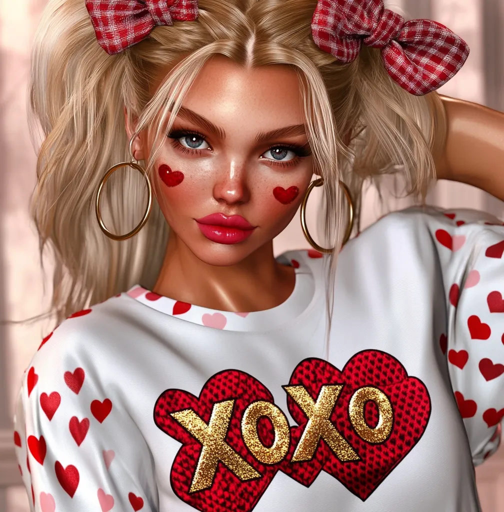 A digitally rendered image showcases a young woman with blonde pigtails adorned with red gingham bows.  She wears large gold hoop earrings and has heart-shaped blush on her cheeks.  Her white sweatshirt features a prominent "XOXO" design within red heart shapes, and is also decorated with smaller scattered hearts. The overall aesthetic is cute and Valentine's Day themed.