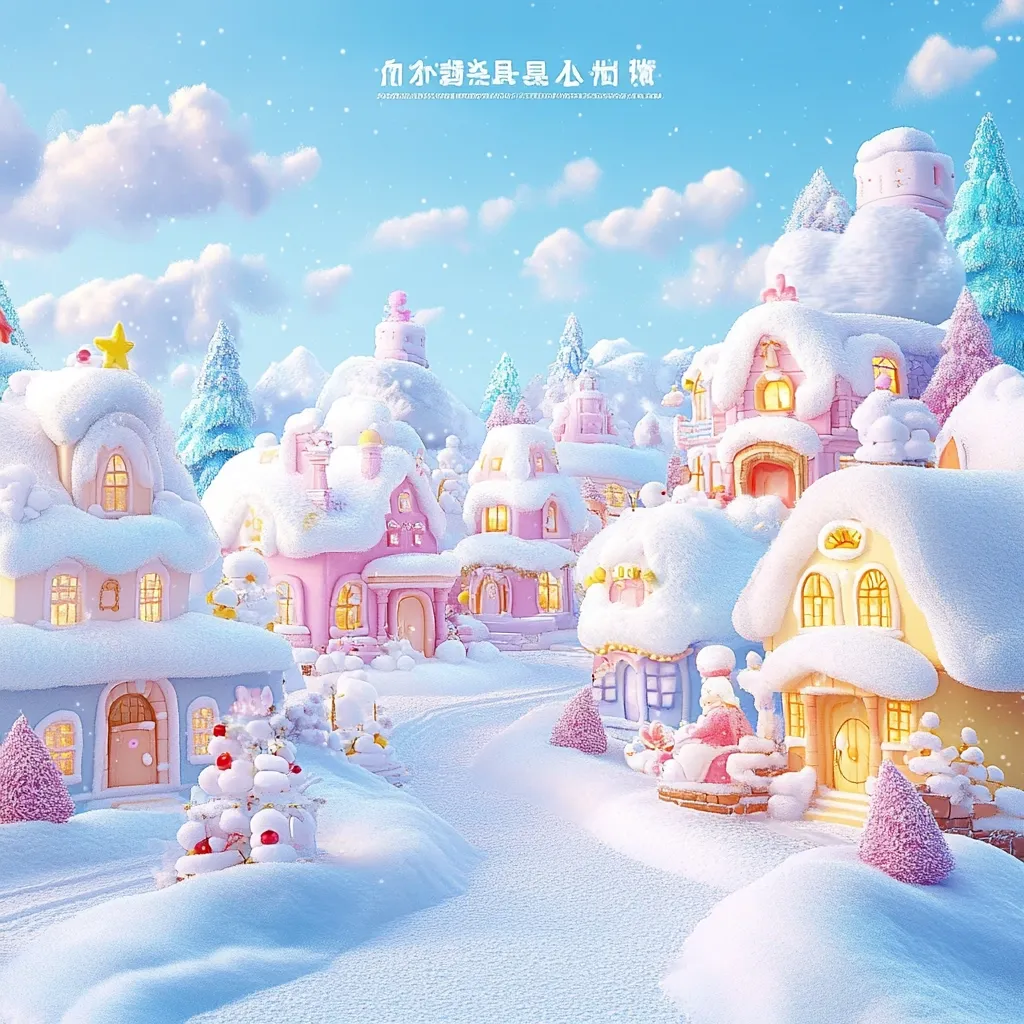 A whimsical winter village scene unfolds, bathed in soft pastel hues.  Snow-covered houses, painted in shades of pink, blue, and yellow, line a gently curving path.  Each house is uniquely charming, adorned with twinkling lights and fluffy snowdrifts.  Small, snow-covered trees and bushes add to the festive atmosphere, creating a dreamy, idyllic winter wonderland.  The overall style is cute and inviting, reminiscent of a child's fantasy.