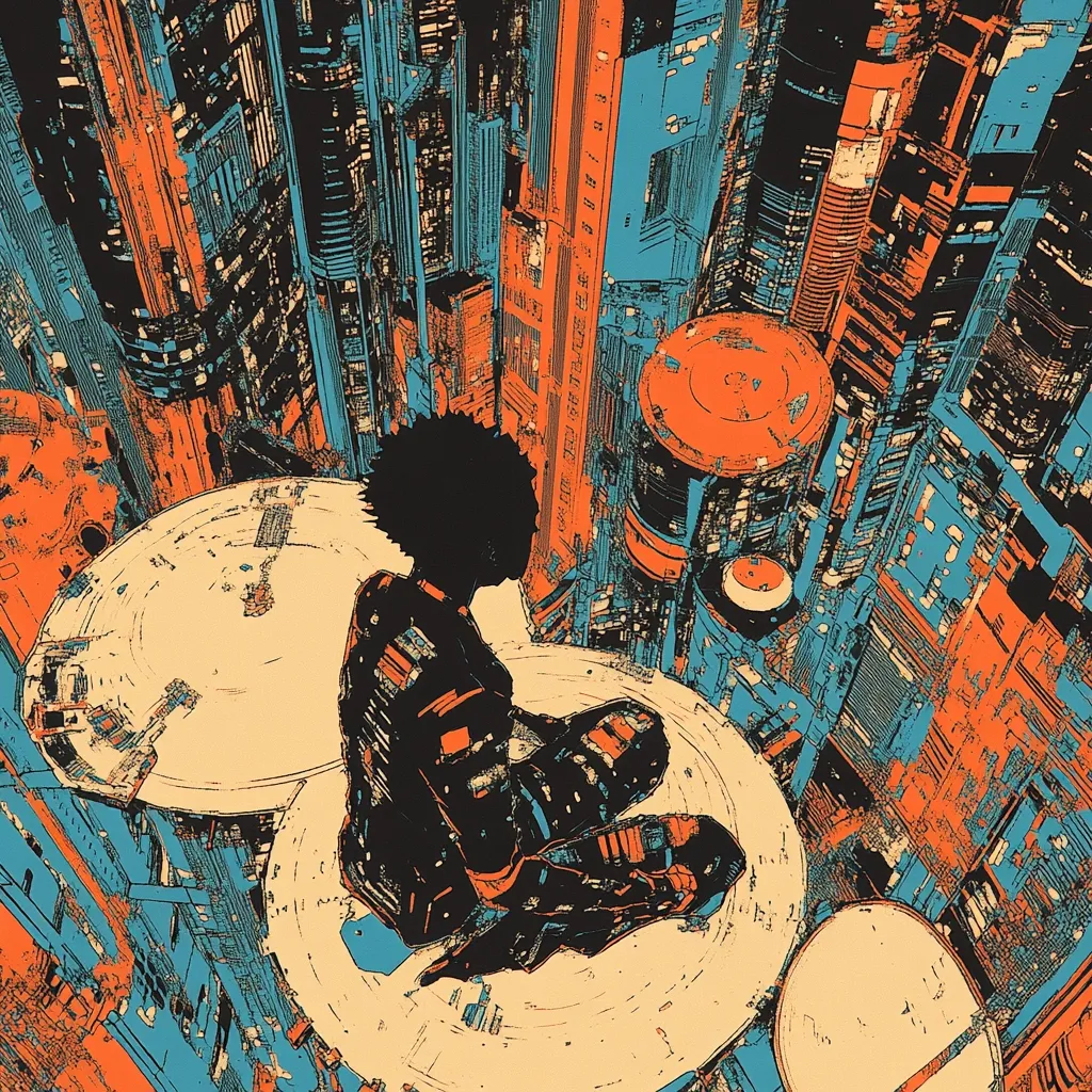 Here's a description of the image:

The illustration showcases a stylized, silhouetted figure, possibly a robot or android, seated cross-legged atop large, circular platforms that resemble drum cymbals.  The figure is rendered in black, sharply contrasting with the vibrant, almost chaotic cityscape swirling beneath. The city is depicted in a bold, graphic style with teal, orange, and black tones, suggesting a futuristic or cyberpunk aesthetic. The buildings are densely packed, creating a sense of verticality and complexity. The overall style is reminiscent of graphic novels or concept art.