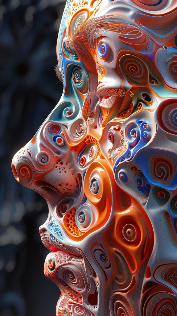 The image is a close-up of a digital artwork depicting a stylized face in profile.  The face is highly textured, resembling a complex, three-dimensional fractal.  Intricate swirling patterns and organic shapes in shades of orange, blue, and white cover the surface, creating a sense of depth and movement.  The details are incredibly fine, reminiscent of a sculpted relief or a highly detailed model. The overall effect is both organic and mechanical, suggesting a fusion of natural and artificial forms.