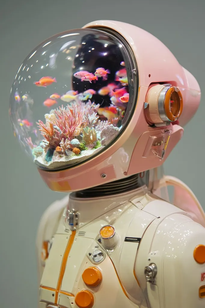 Here's a description of the image:

Close-up view of a robot's torso, predominantly off-white with orange accents.  The robot's head is a pastel pink helmet with a large, clear dome containing a miniature aquarium.  Inside, vibrant coral and several small, colorful fish swim. The overall aesthetic is whimsical and futuristic, blending robotic elements with a delicate, aquatic scene. The robot's smooth surface and the intricate details of the aquarium create a striking contrast. The background is a muted gray, drawing focus to the subject.