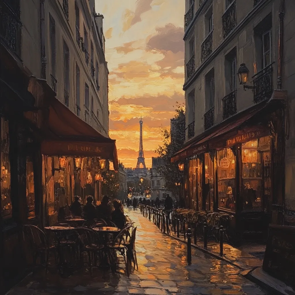 Here's a description of the image:

The painting depicts a Parisian street scene at sunset.  Warm, golden light bathes the narrow street lined with buildings, their windows glowing from within.  A Parisian café spills out onto the wet cobblestones, where patrons are seated at small tables.  The Eiffel Tower is visible in the distance, adding a romantic and iconic element to the scene. The overall mood is peaceful, intimate, and evocative of a classic Parisian evening. The artist's brushstrokes are visible, giving the painting a textured and expressive quality.