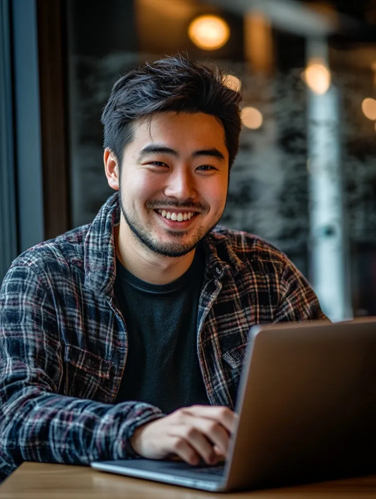 A young Asian man with dark hair smiles warmly as he sits at a table, using a laptop. He wears a dark plaid shirt over a black t-shirt.  The background is blurred, showing a dimly lit café or restaurant interior with warm lighting. The overall impression is one of friendly approachability and casual comfort.