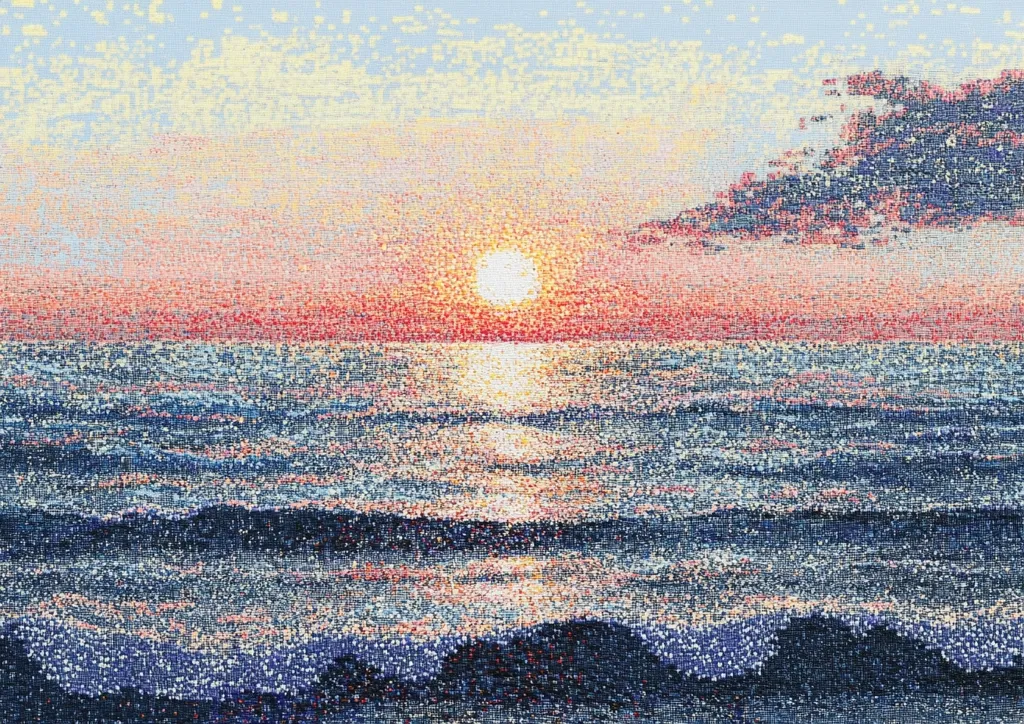 The image is a pointillist-style painting of a sunset over the ocean.  The sky displays a gradient of pastel pinks, oranges, and yellows, with a small, dark cloud formation.  The sun is a bright, central orb reflecting on the water. The ocean is depicted in various shades of blue and purple, with gentle waves visible near the bottom.  The overall effect is a calm, serene seascape rendered in a highly textured, pixelated manner.