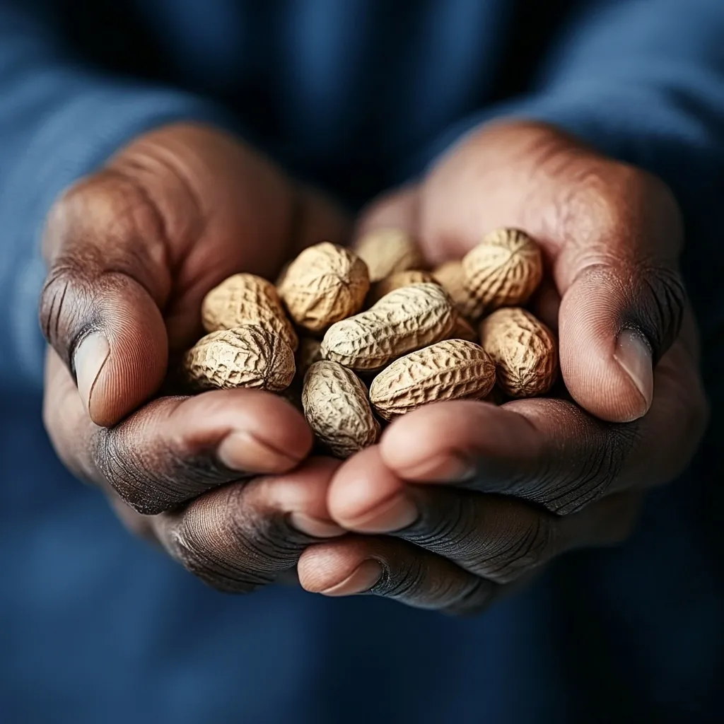 Close-up view of a person's dark-skinned hands cupped together, gently holding a small pile of peanuts. The peanuts are in their shells, displaying variations in color and texture. The hands appear weathered, suggesting manual labor.  The focus is sharply on the peanuts and hands, with the background blurred, creating a depth of field that highlights the simple act of holding the harvest. The image evokes a sense of agricultural work and the bounty of the land.