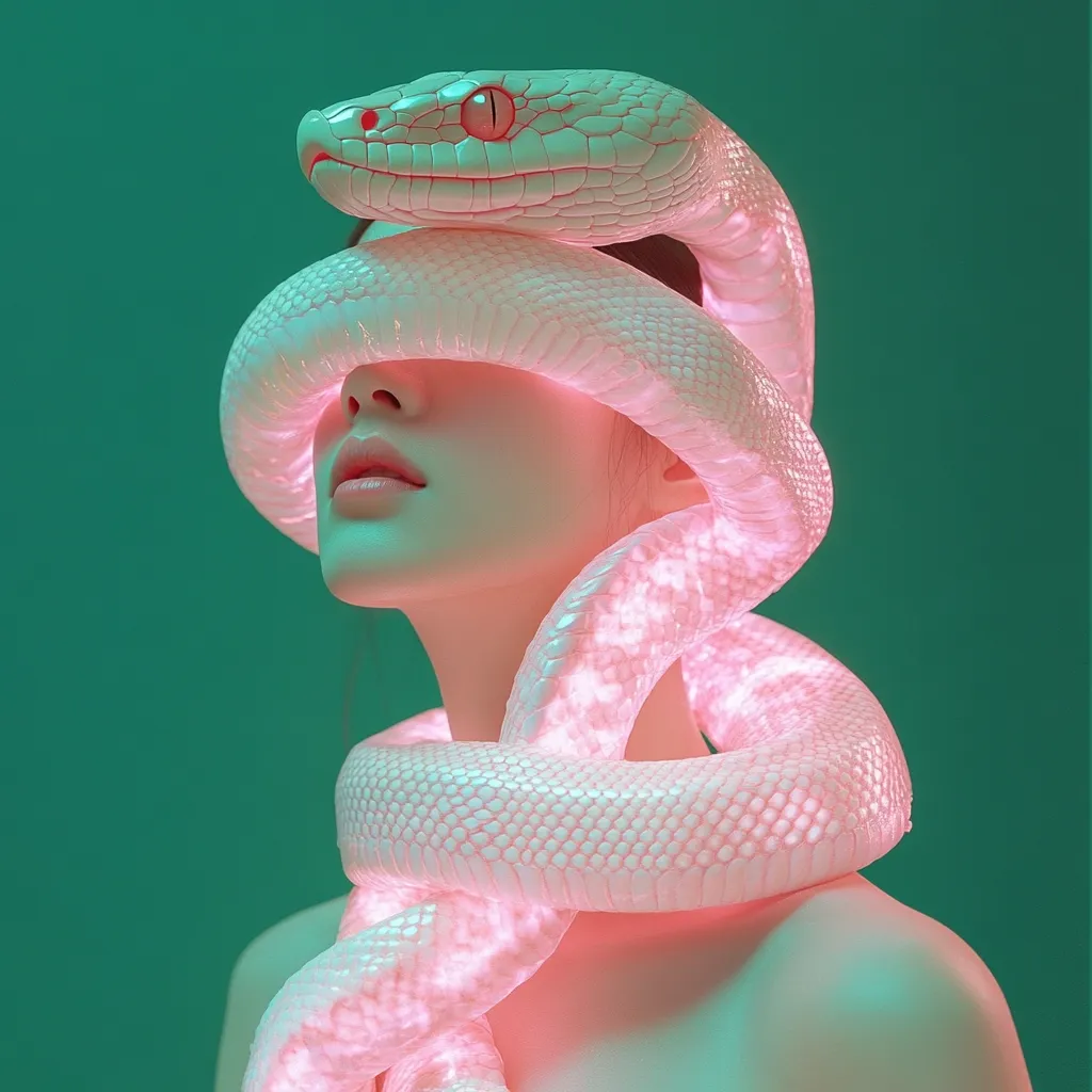 Here's a description of the image:

The image showcases a surreal, artistic portrayal of a woman's face and upper body elegantly enveloped by a large, pale pink snake. The snake, seemingly glowing with an inner light, rests gently around her neck and partially obscures her eyes, creating a mysterious and captivating effect.  The woman's expression is serene, and her skin appears smooth and flawless. The background is a solid, deep teal, providing a stark contrast to the pale pink of the snake and the woman's skin. The overall mood is dreamlike and ethereal, suggestive of a mythical or symbolic representation.