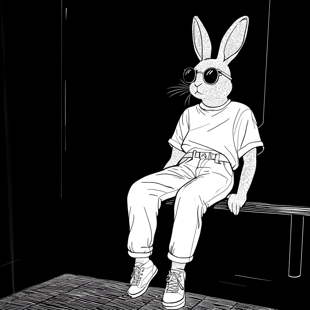 Here's a description of the image:

The illustration depicts a rabbit anthropomorphically dressed in casual attire.  It sits on a bench, legs slightly apart, wearing loose-fitting jeans, a simple t-shirt, and sneakers. Round sunglasses rest on its nose.  The style is monochromatic, stark black and white line art, emphasizing contrast and detail. The background is a dark, shadowy space, drawing focus to the rabbit figure. The overall mood is calm and slightly mysterious, suggesting a blend of cool style and a touch of surrealism.