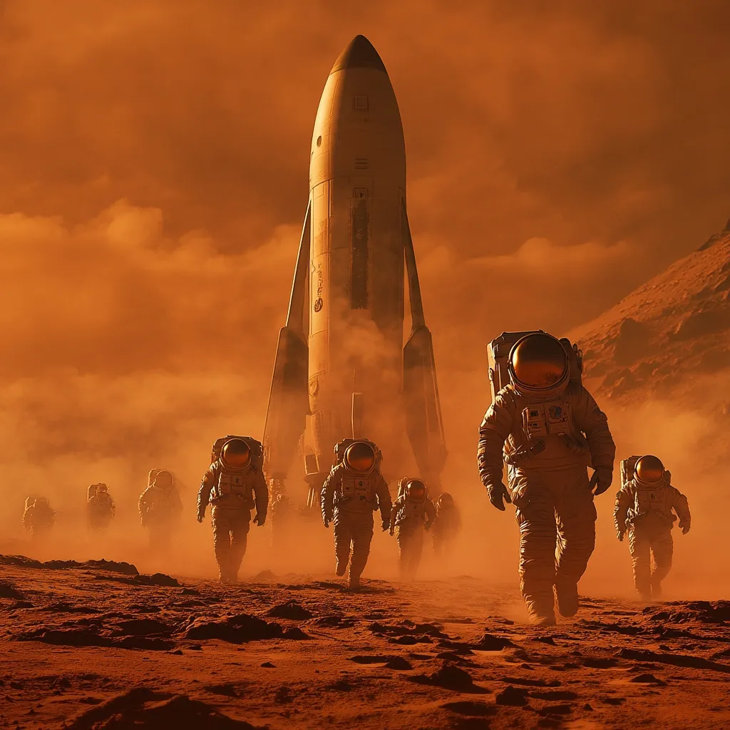 A group of astronauts in spacesuits traverse a dusty, reddish-orange Martian landscape, their destination a large, white rocket ship looming in the background.  The scene is shrouded in a hazy, reddish atmosphere, suggesting a dusty, possibly stormy, environment.  The astronauts march in a line, appearing determined and purposeful, their mission to explore the alien planet. The overall mood is one of exploration and perhaps some peril, with the vastness of the Martian wilderness emphasized.