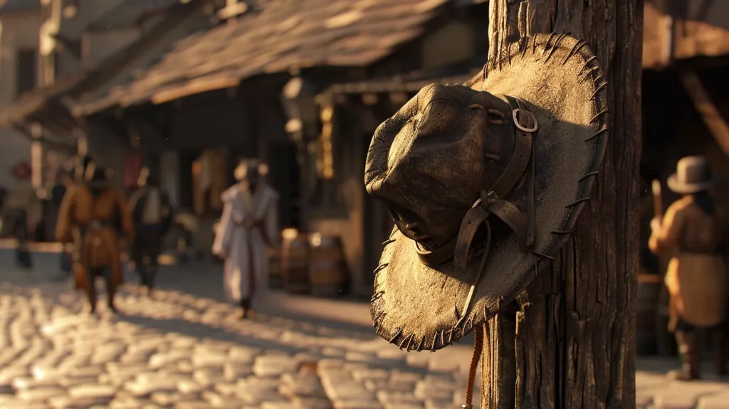 A weathered, leather cowboy hat hangs on a rough-hewn wooden post in a sun-drenched cobblestone street. The hat, showing signs of wear and age, is adorned with stitching along its brim.  The background is blurred, revealing a bustling medieval-style town, with people in period clothing moving about.  The overall mood is one of quiet observation within a busy, historical setting. The warm lighting accentuates the texture of the hat and the aged wood.