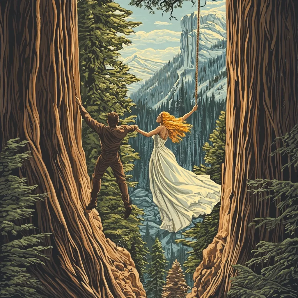 A romantic illustration depicts a woman in a flowing white dress swinging between two giant redwood trees.  A man, clinging to one tree, reaches out to her, their hands clasped.  The background showcases a breathtaking mountain vista, covered in snow-capped peaks and lush evergreen forests. The scene is idyllic and evocative of a fairytale, capturing a sense of adventure and love amidst a majestic natural setting. The artistic style suggests a vintage poster or print.