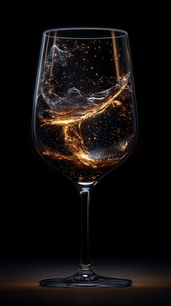 A sophisticated image showcases a wine glass filled with a golden liquid against a stark black backdrop. The liquid appears to be in motion, creating dynamic swirls and splashes.  Tiny, glittering particles are suspended within the liquid, adding a touch of magic to the scene. The glass itself is elegant and seemingly crystal clear, its form highlighted by the contrast against the dark background. The overall impression is one of luxury and refined beauty.