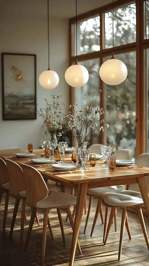 A light-filled dining room features a long wooden table set with minimalist place settings. Three globe pendant lights hang above, casting a soft glow.  Dried floral arrangements act as centerpieces.  Light wood chairs with off-white cushions surround the table.  Large windows reveal a natural, tree-lined view, contributing to the room's serene atmosphere.  A muted landscape painting hangs on the wall. The overall aesthetic is modern and minimalist, emphasizing natural light and clean lines.