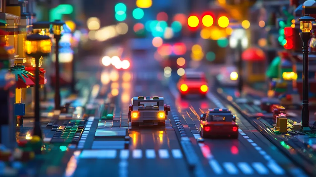 Here's a description of the image:

A detailed close-up reveals a meticulously crafted LEGO cityscape at night.  The scene features miniature cars with illuminated headlights navigating a street lined with LEGO buildings and streetlights emitting warm, glowing light.  The background is a blurred bokeh of colorful lights, suggesting a bustling city atmosphere. The overall composition focuses on the street and cars, creating a sense of depth and scale within the miniature LEGO world.  The image showcases the intricate detail and realistic lighting effects achieved with LEGO bricks.