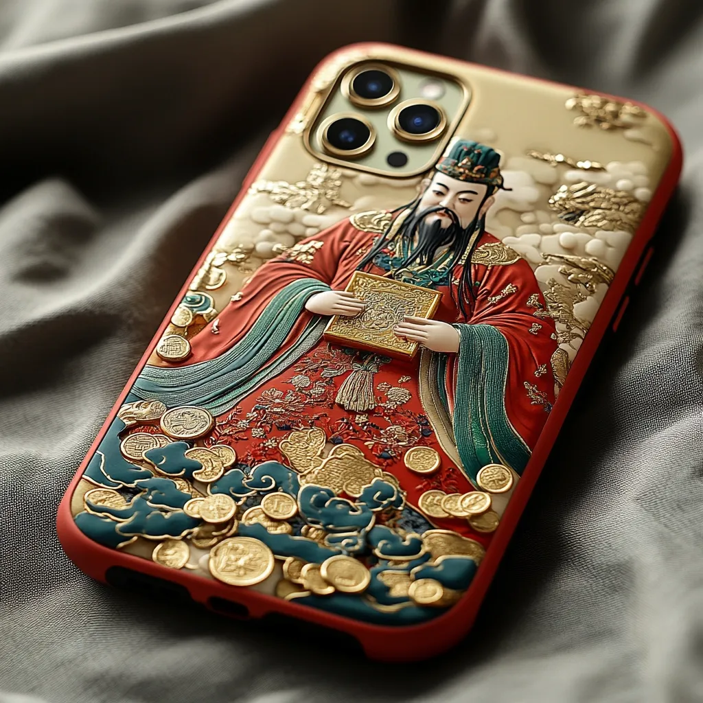 Here's a description of the image:

Close-up view of an iPhone case featuring intricate, three-dimensional artwork. The design depicts a richly dressed Chinese figure, possibly a deity or important historical figure, seated amidst a pile of gold coins. The figure is rendered in shades of red and gold, with detailed embroidery-like patterns on the clothing. The background includes stylized clouds and hints of a landscape. The case itself is a reddish-brown, contrasting with the gold accents in the artwork. The iPhone's camera lens is visible through a cutout in the case's design. The case rests on a soft, grayish-green fabric.  The overall impression is one of luxury and cultural significance.