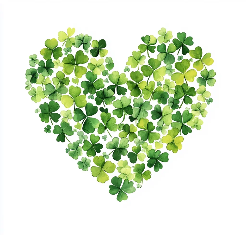 Here's a description of the image:

The image is a watercolor painting of a heart shape formed entirely of shamrocks. The shamrocks vary slightly in shades of green, creating a natural, textured effect.  They are densely packed together to form a full, lush heart, set against a clean white background. The overall style is delicate and charming, suggesting themes of luck, love, and St. Patrick's Day.