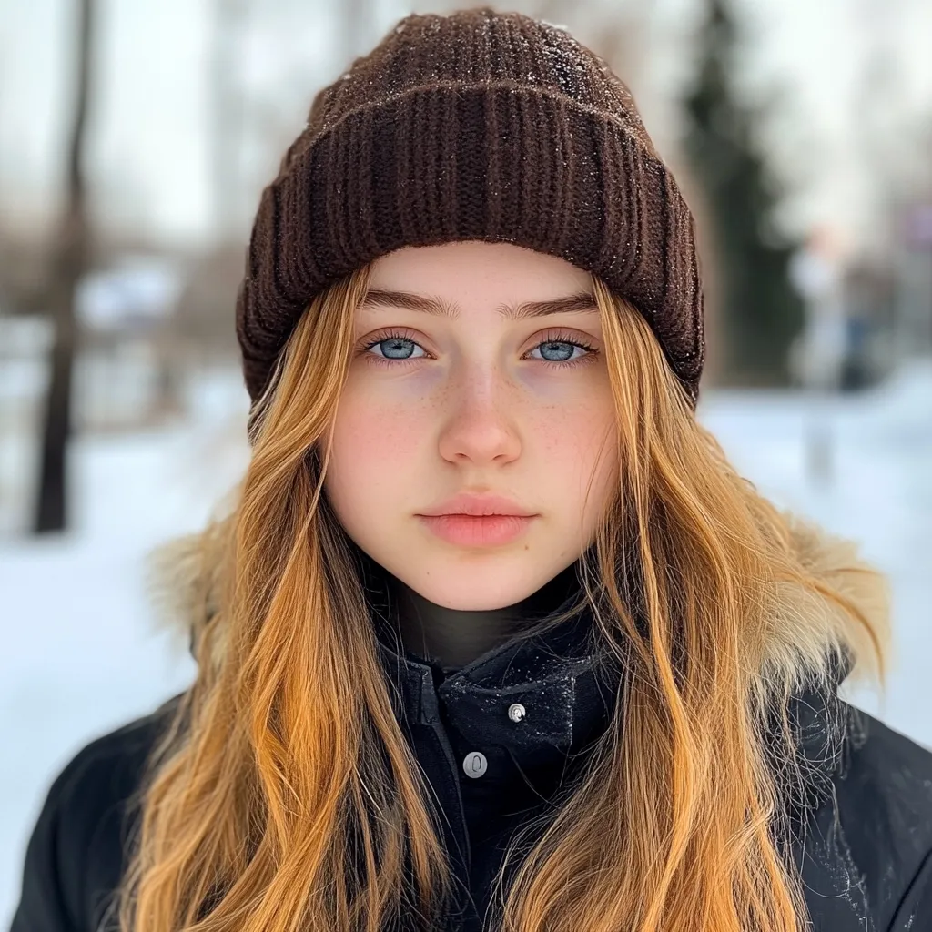 Close-up portrait of a young woman with long, wavy auburn hair, wearing a brown knit beanie and a dark-colored winter jacket.  Her fair skin shows subtle freckles, and her blue eyes gaze directly at the camera.  The background is blurred, showing a snowy winter landscape.  A few snowflakes are visible on her hat.  The overall impression is one of serene beauty and winter chill.
