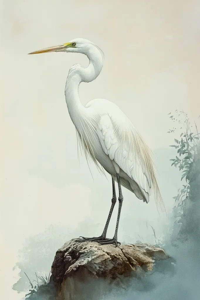 Here is a description of the image:

The artwork depicts a Great Egret, a large white bird, standing majestically on a grey rock. Its long, elegant neck is curved in a graceful S-shape. The egret's plumage is meticulously detailed, with subtle variations in tone and texture conveying a sense of softness and lightness.  Its long, slender legs are firmly planted on the rock, which is partially obscured by a misty atmosphere.  The background features a muted palette of soft greens and greys, suggesting a tranquil, watery environment. The overall style is realistic yet impressionistic, highlighting the beauty of the bird and its natural habitat.