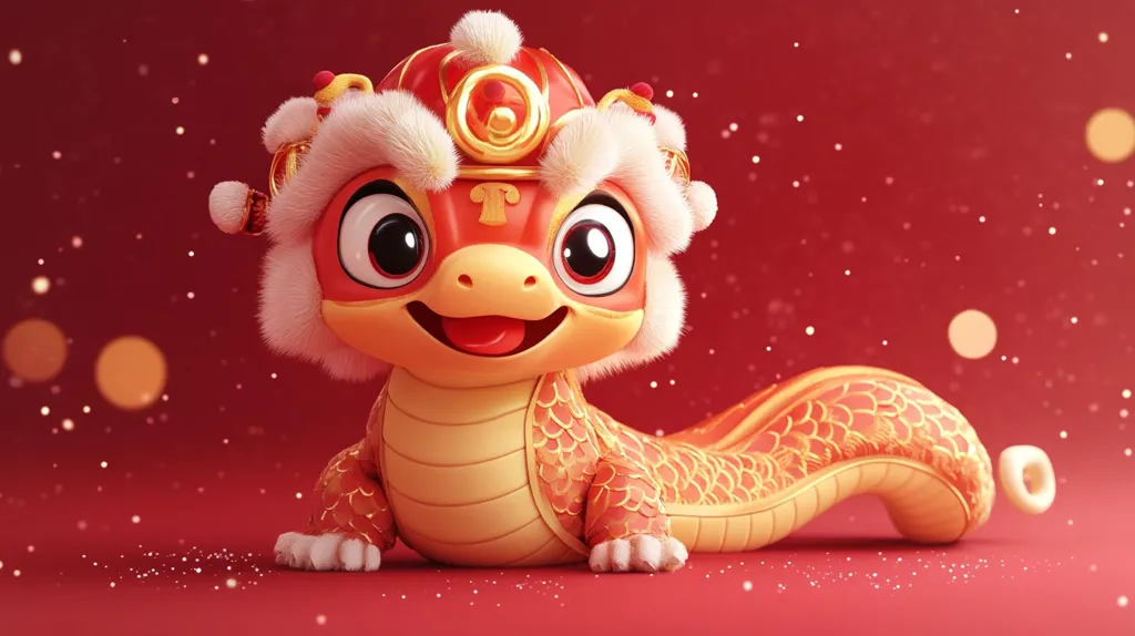 Here's a description of the image:

A charming, cartoonish baby dragon is depicted, adorned in a vibrant red and gold lion dance headdress.  Its large, expressive eyes and cheerful grin convey a playful nature. The dragon's body is a warm orange-red, patterned with gold scales, and its long tail gracefully curves behind it. The background is a deep red, accented with soft, out-of-focus golden bokeh lights, enhancing the festive, celebratory mood. The overall style is reminiscent of 3D rendered animation, likely associated with Chinese New Year festivities.