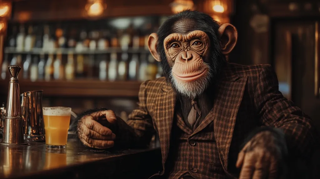 A chimpanzee, dressed in a brown plaid suit and tie, sits at a bar.  A glass of light-colored beer sits before him on the dark wood counter.  The background is blurred but shows a well-stocked bar with various bottles and liquor. The chimp appears relaxed and almost sophisticated, gazing directly at the viewer. The overall tone is humorous and slightly surreal.