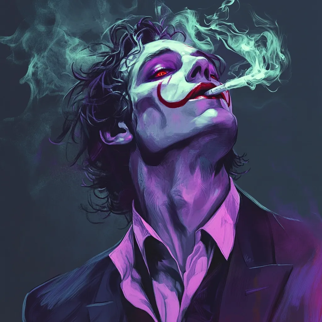 Here's a description of the image:

The artwork depicts a stylized portrait of a man with dark, curly hair, his head tilted back. He's wearing a dark suit over a light pink shirt.  His face is painted with a Joker-esque makeup; bright red lips and a sharp, upward-curving grin, with crimson lines extending from the corners of his mouth. His eyes glow an intense red.  He holds a cigarette, from which teal-green smoke curls around his head, adding to the moody, dramatic atmosphere. The overall color palette is dark, with purples and teal dominating, emphasizing the enigmatic and slightly unsettling nature of the subject. The style is painterly and digital, with visible brushstrokes.