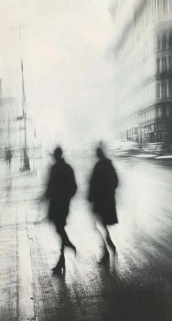 This black and white photograph depicts two blurred figures, likely women, walking down a city street. Their forms are indistinct, almost ghostly, suggesting motion blur. The background is a hazy mix of light and dark, with indistinct buildings and the suggestion of moving vehicles. The overall effect is one of anonymity and fleeting moments, with the focus on the ephemeral nature of urban life. The grainy texture adds to the photograph's atmospheric quality.