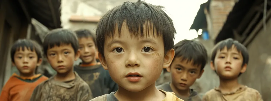 The image shows a group of young Asian boys, their faces smudged with dirt, standing closely together in a narrow alleyway.  The central focus is on a boy with short dark hair and a serious expression. He's surrounded by other children, their faces reflecting a similar mixture of weariness and resilience. The setting appears impoverished, with the rough texture of the walls and the overall ambiance emphasizing the harshness of their environment. The photograph suggests themes of poverty and childhood hardship.