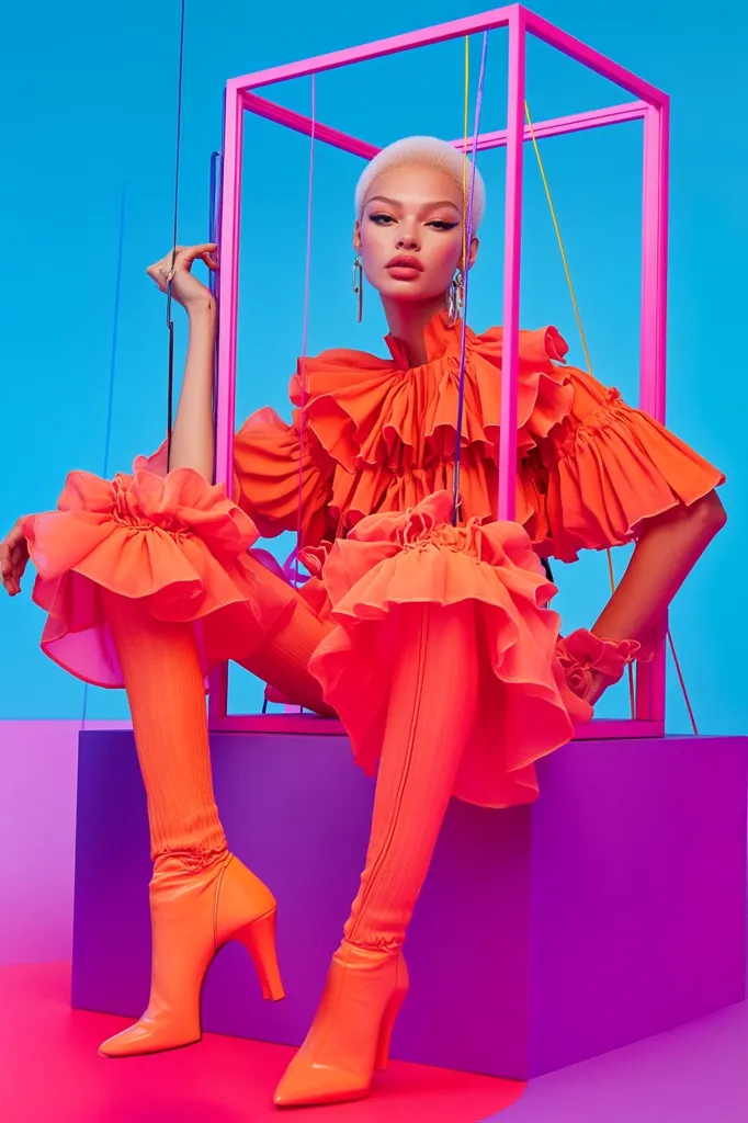 A fashion model with a shaved head poses inside a neon pink frame against a vibrant blue background.  She wears a vibrant orange ruffled outfit, including a voluminous top and matching pants with ruffled details at the ankles and thigh-high boots. The outfit's bright color contrasts sharply with the purple cube she sits on. The overall image is bold, graphic, and highly stylized.