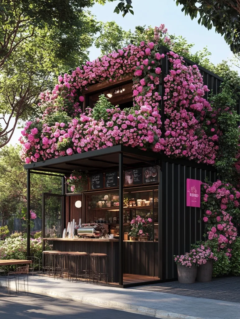 A charming coffee shop, constructed from a repurposed shipping container, is completely enveloped in vibrant pink climbing roses.  The flowers cascade down the sides and roof, creating a stunning floral façade.  Inside, a modern, minimalist interior features a coffee bar with stools, showcasing a sleek espresso machine and shelves stocked with supplies.  The outdoor seating area offers a serene spot for enjoying coffee amidst the lush greenery.  The overall design is a harmonious blend of nature and urban chic.