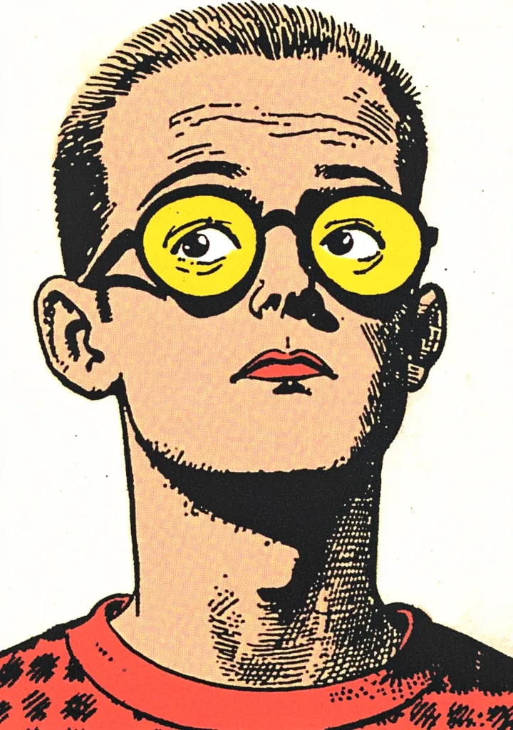 Here's a description of the image:

The image is a close-up illustration of a young man's head and shoulders, rendered in a style reminiscent of vintage comic books. He has short, dark hair, a fair complexion, and is wearing large, round, bright yellow glasses. His expression is one of mild surprise or apprehension, his mouth slightly open.  The man's neck and shoulders are visible, and he's wearing a red shirt with a dark, possibly patterned, design. The illustration employs bold outlines and flat coloring, typical of the graphic novel aesthetic. The overall effect is playful yet slightly unnerving.