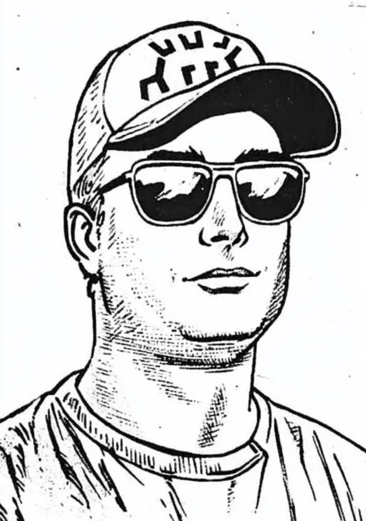 Here's a description of the image:

The illustration is a black and white, close-up line drawing of a man's head and shoulders. He's wearing a baseball cap with an indecipherable symbol on the front and sunglasses. His expression is neutral, almost pensive. The style is reminiscent of a newspaper sketch or a woodcut print, with cross-hatching and texture used to create shading and depth.  The man appears to be light-skinned, and his clothing is simple, a plain t-shirt. The overall impression is one of casualness and a slightly rugged look.