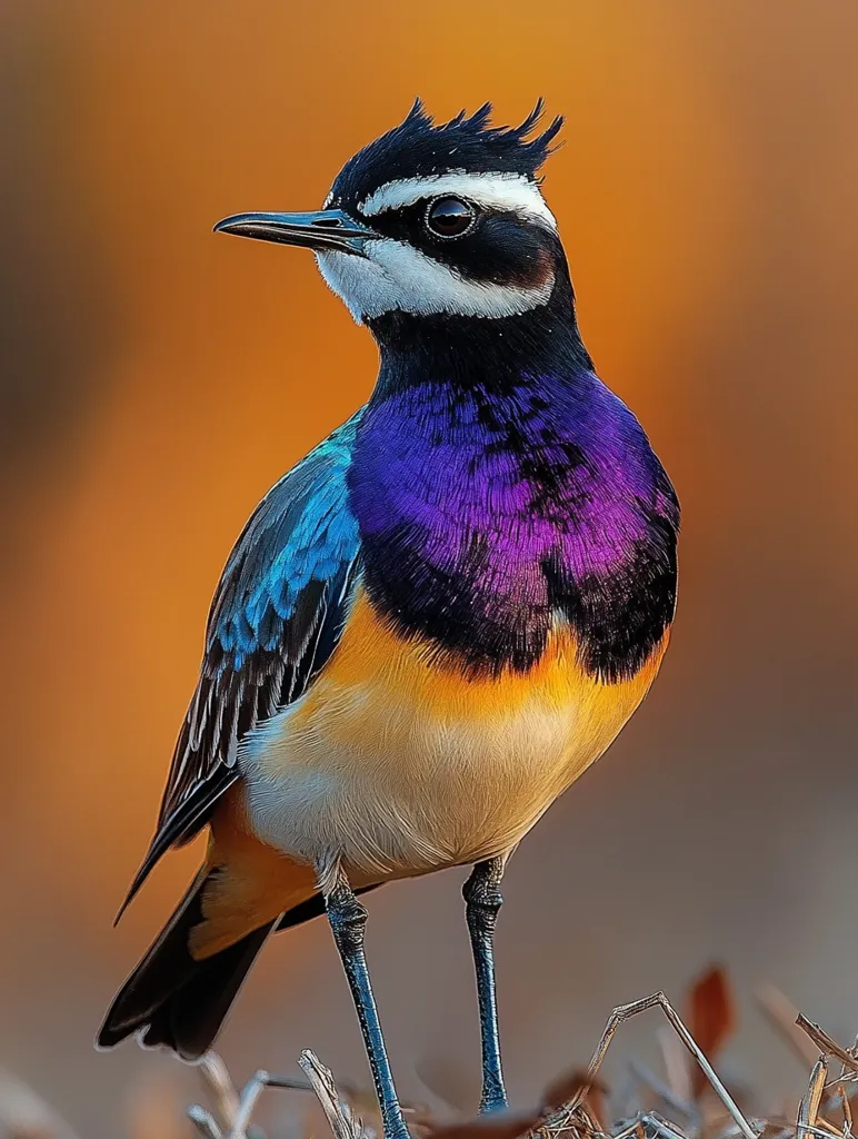 A vibrant, striking bird, possibly a species of chat or similar passerine, is the focus of this close-up shot. Its plumage is a dazzling display of colors; a black crest tops a white face, which gives way to a deep purple chest, transitioning into a golden-yellow belly.  Brilliant blue feathers accent its wings and flanks. The bird stands alert on slender black legs, perched on dry, brown vegetation against a warm, blurred orange background. The lighting accentuates the bird's iridescent feathers, making it appear almost jewel-like.