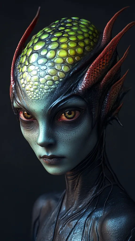 Close-up of a meticulously crafted alien creature, possibly a digital rendering or highly realistic makeup.  Its skin is a teal-blue, textured with a bumpy, almost reptilian quality on the head.  A crown of reddish-brown, spiky protrusions frames a face with large, golden-yellow eyes.  The creature's expression is serious and somewhat melancholic. The dark background emphasizes the intricate details of the alien's form and texture.