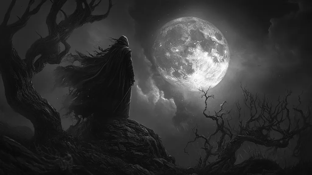 Here's a description of the image:

The monochromatic artwork depicts a hooded figure, cloaked and solitary, standing atop a rocky outcrop.  Their back is to the viewer, gazing out at a large, bright moon dominating a dark, stormy sky.  Silhouetted against the moon are gnarled, leafless trees, their branches reaching skyward like skeletal arms. The overall mood is one of mystery, isolation, and perhaps foreboding, accentuated by the stark contrast of light and shadow and the desolate landscape. The image evokes a sense of gothic fantasy or dark romanticism.