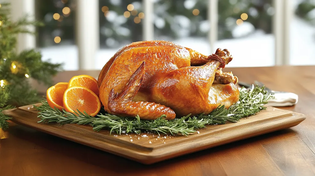 A perfectly roasted turkey, glistening with browned skin, rests on a rustic wooden board.  It's garnished with fresh rosemary sprigs and a few orange slices.  The setting suggests a holiday feast, with a blurred background hinting at a snowy winter scene and a Christmas tree.  The overall image evokes warmth, comfort, and the celebratory atmosphere of a traditional holiday meal.