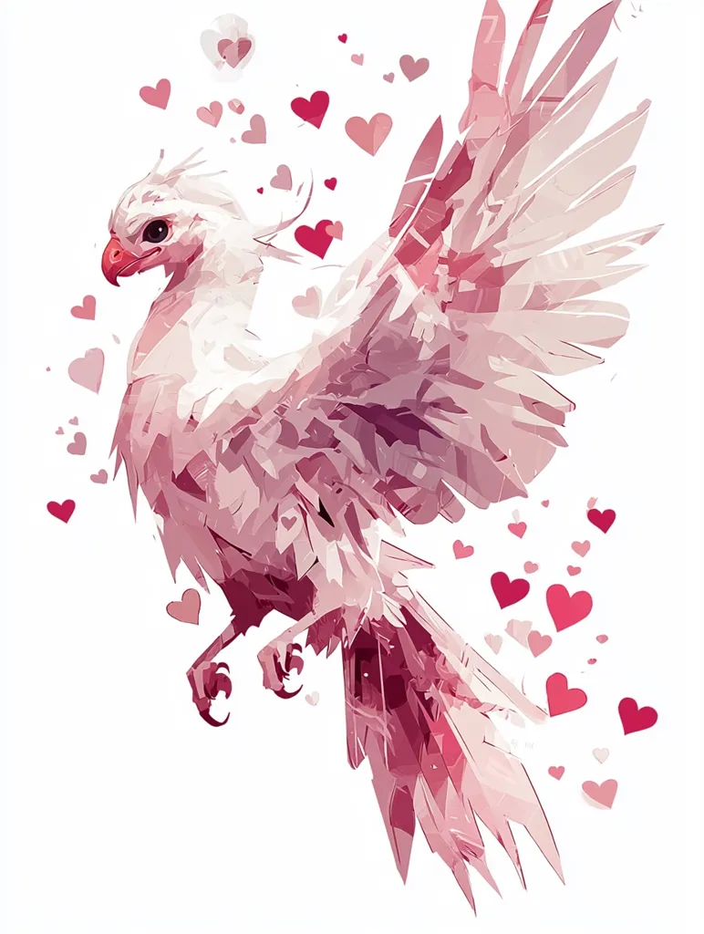 A stylized, pink bird, possibly a hawk or falcon, is depicted in a vibrant, abstract style. Its wings are spread wide, creating a dynamic sense of movement.  The bird is rendered in geometric shapes and shades of pink, giving it a crystalline or fragmented look.  It's surrounded by numerous small, scattered hearts, adding a romantic or loving connotation to the image. The overall impression is one of beauty, freedom, and perhaps a touch of whimsy.
