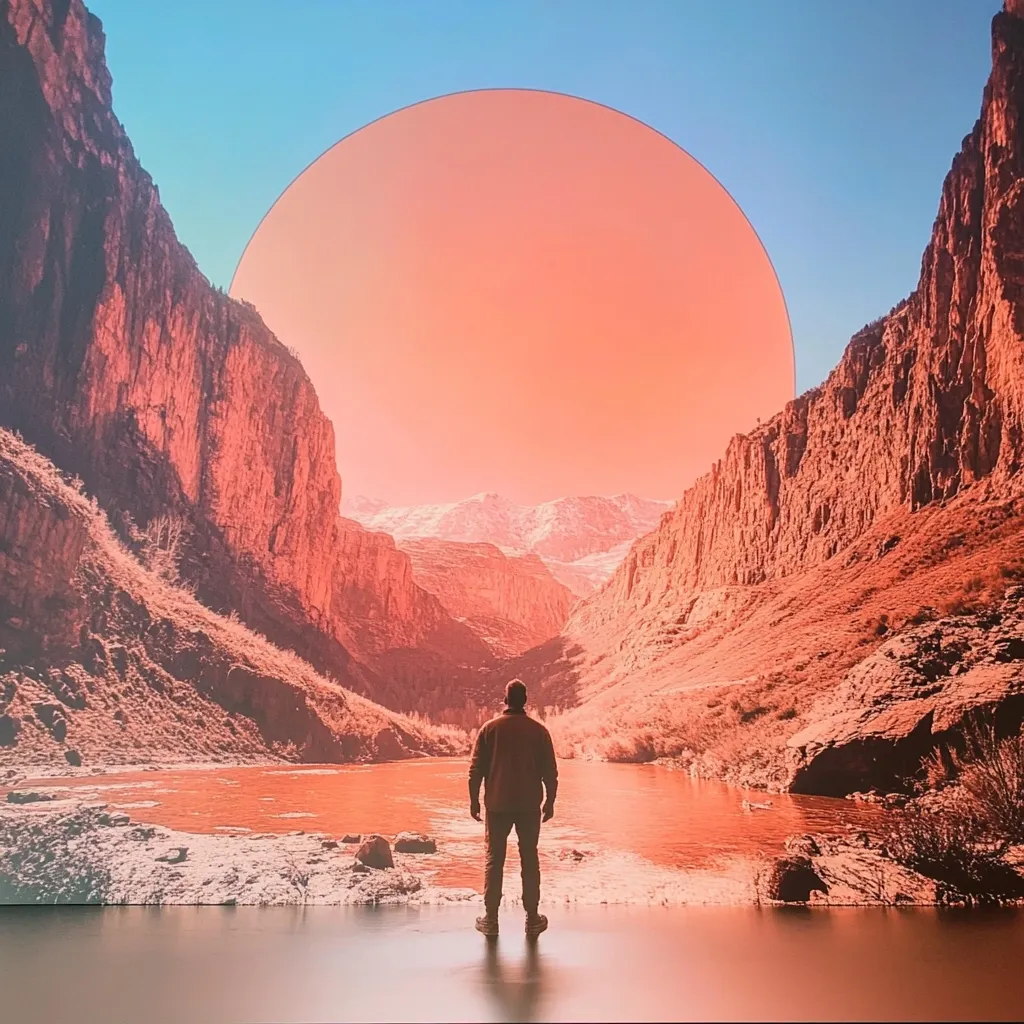 Here's a description of the image:

The image is a surreal landscape photograph or digital artwork. A man stands facing a serene river nestled within a canyon. Towering, reddish-brown cliffs rise on either side, creating a dramatic, almost otherworldly scene.  Dominating the upper portion of the image is a large, glowing, coral-colored circle, resembling an oversized sun or celestial body. The overall color palette is warm and saturated, enhancing the dramatic and slightly surreal quality. The scene evokes a sense of solitude and awe.