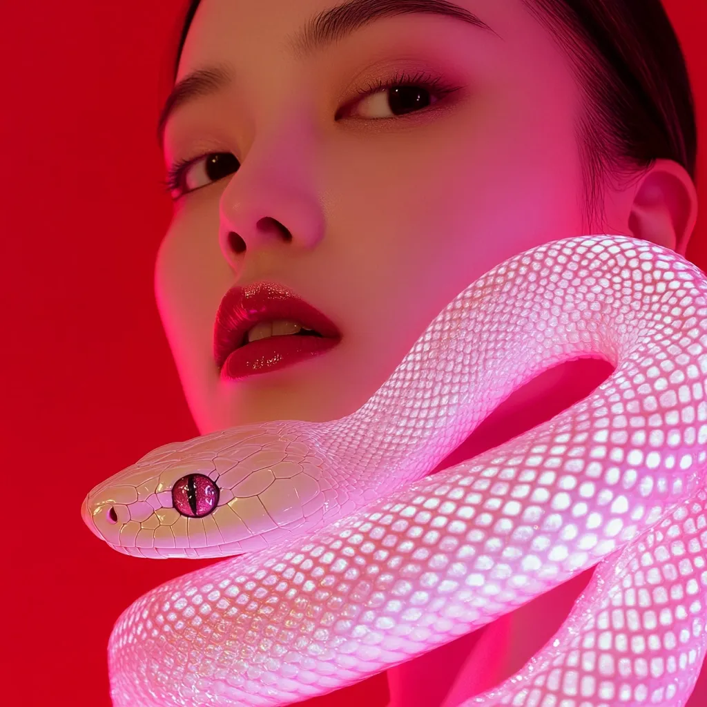 Close-up view of a young woman's face, bathed in vibrant pink light.  Her expression is serene, her lips painted a bold, matching shade.  A luminous, white snake, seemingly glowing, is gracefully coiled around her neck and shoulder. The snake's scales are highly detailed, contrasting with the smooth skin of the woman. The overall image is striking and surreal, a blend of beauty and untamed nature.