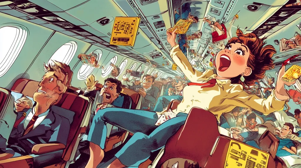 Here's a description of the image:

The illustration depicts a chaotic scene inside an airplane cabin.  Passengers are thrown about in mid-air, items like in-flight magazines and snacks float freely, suggesting turbulence. A young woman in a yellow shirt is shown joyfully soaring amidst the pandemonium, while others display expressions of fear and alarm.  The style is vibrant and cartoonish, with exaggerated expressions and dynamic poses conveying a sense of controlled chaos and unexpected fun. The overall palette is warm, with contrasting tones of blues, yellows, and reds, creating a lively, energetic feel.